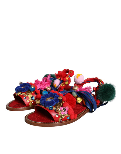 Multicolor Pom Pom Fur Wrap Sandals Shoes-Dolce & Gabbana-LabelTerrace.com