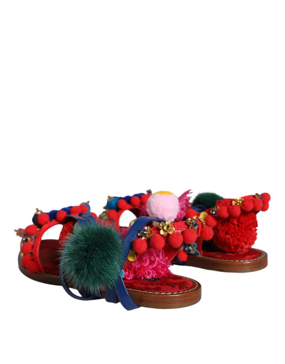 Multicolor Pom Pom Fur Wrap Sandals Shoes-Dolce & Gabbana-LabelTerrace.com