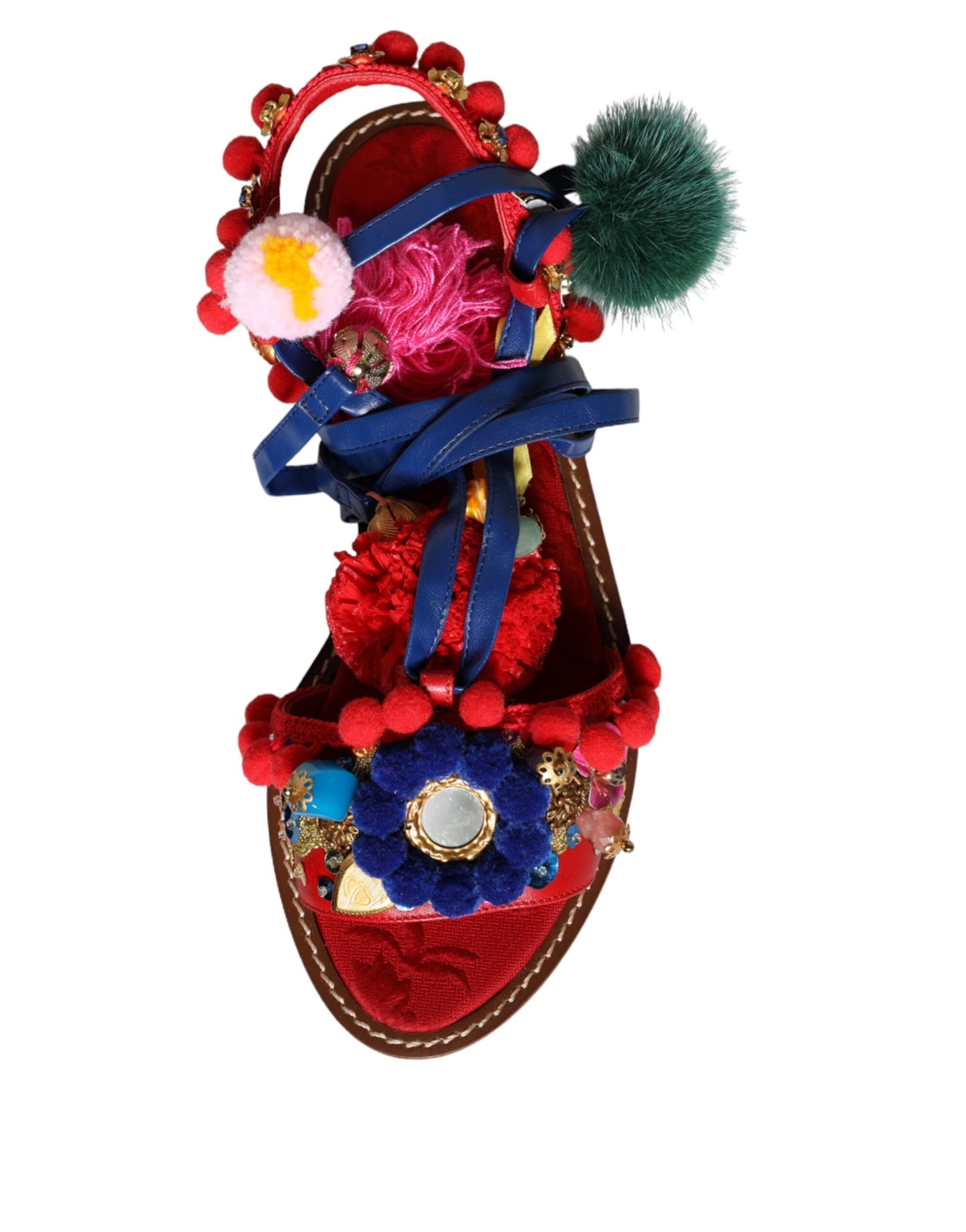 Multicolor Pom Pom Fur Wrap Sandals Shoes-Dolce & Gabbana-LabelTerrace.com