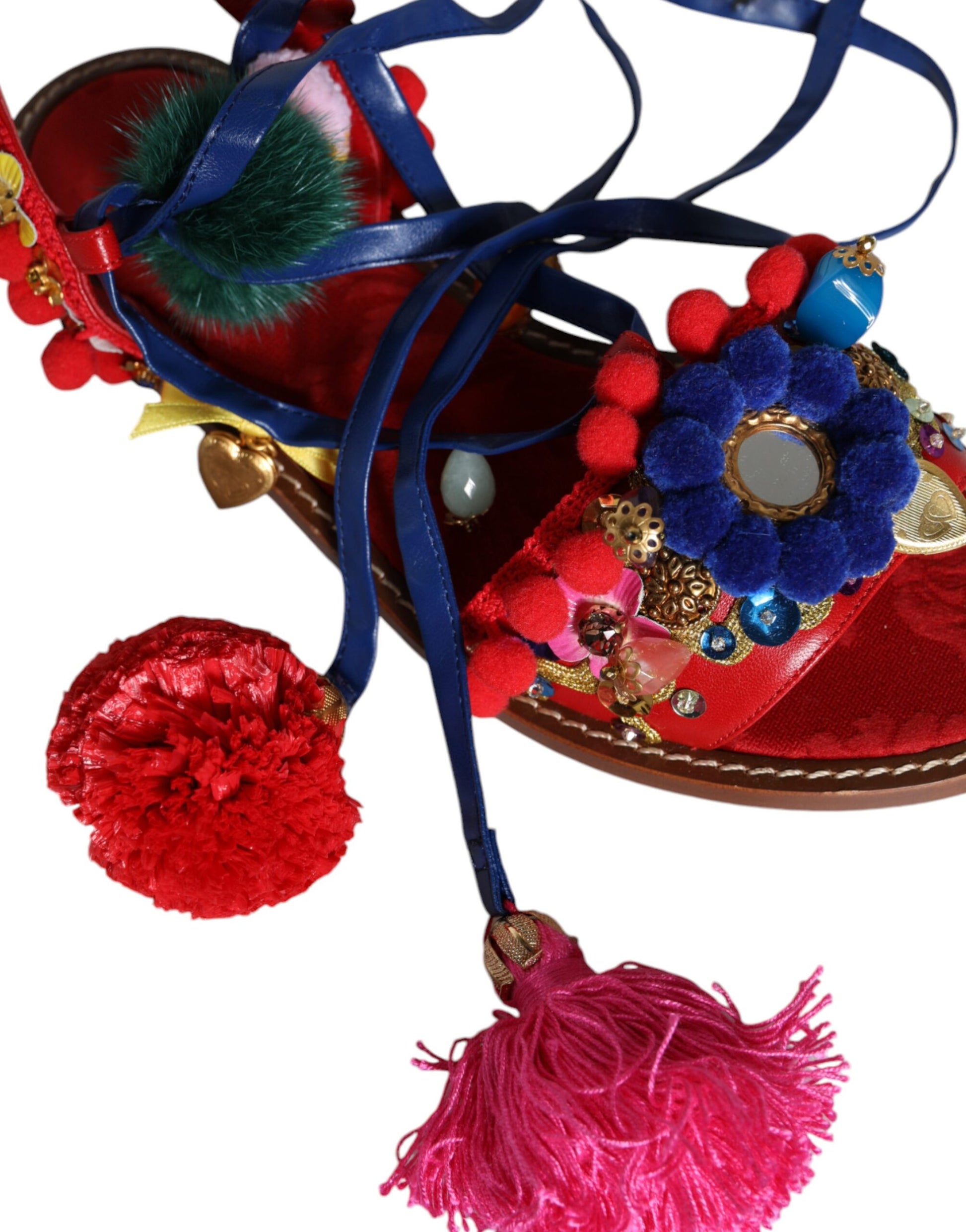 Multicolor Pom Pom Fur Wrap Sandals Shoes-Dolce & Gabbana-LabelTerrace.com