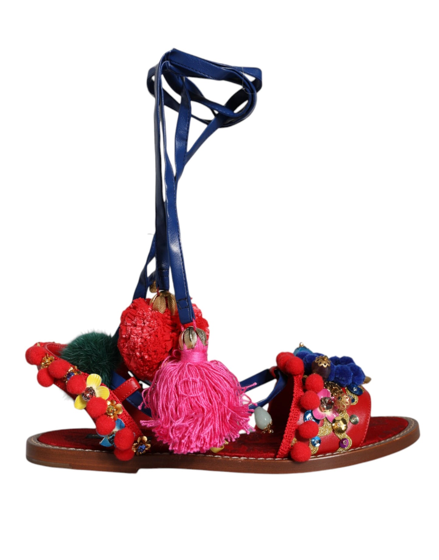 Multicolor Pom Pom Fur Wrap Sandals Shoes-Dolce & Gabbana-LabelTerrace.com