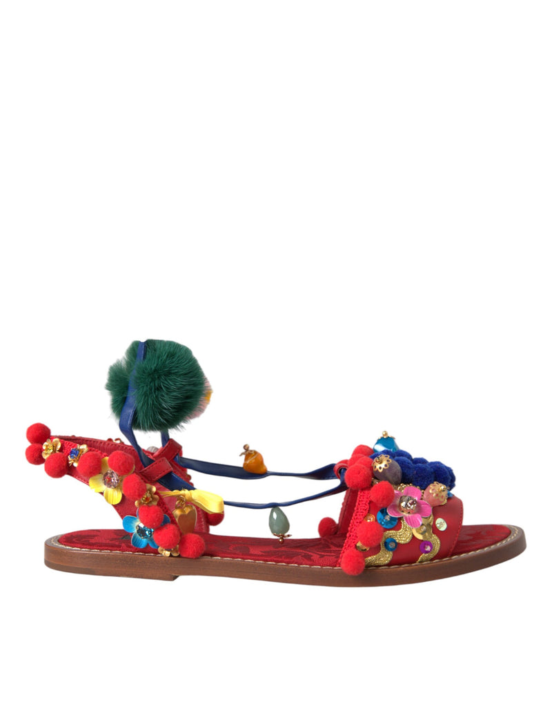 Multicolor Pom Pom Fur Wrap Sandals Shoes-Dolce & Gabbana-LabelTerrace.com
