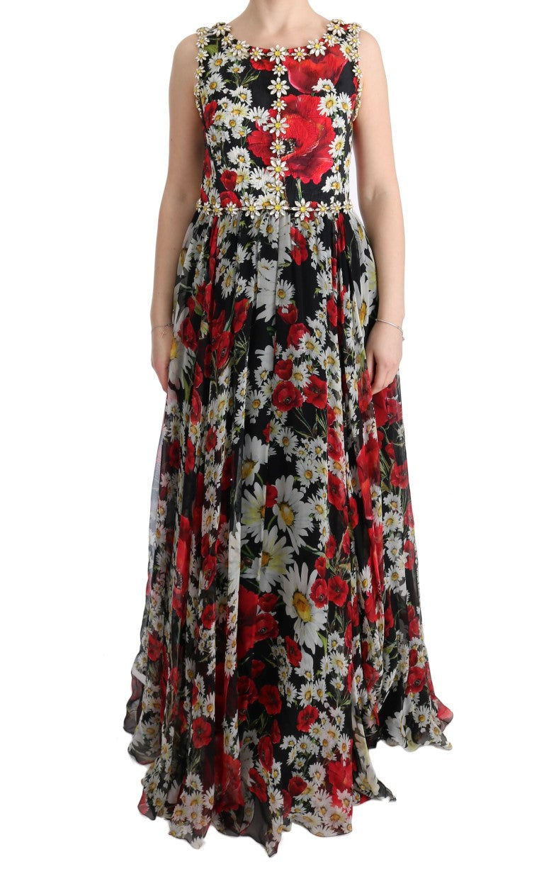 Multicolor Silk Floral Crystal Long Maxi Dress-Dolce & Gabbana-LabelTerrace.com