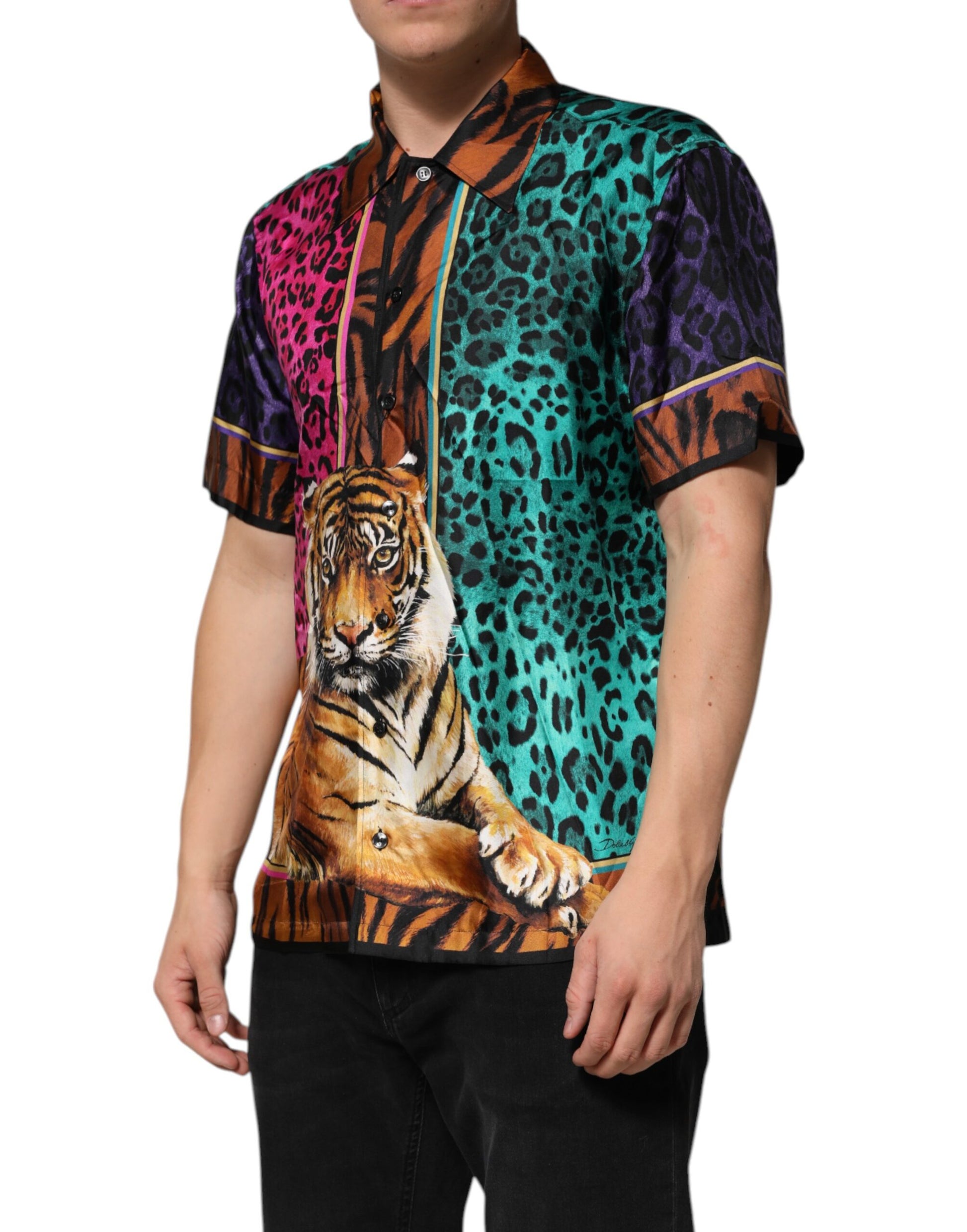 Multicolor Silk Tiger Print Hawaiian T-shirt-Dolce & Gabbana-LabelTerrace.com