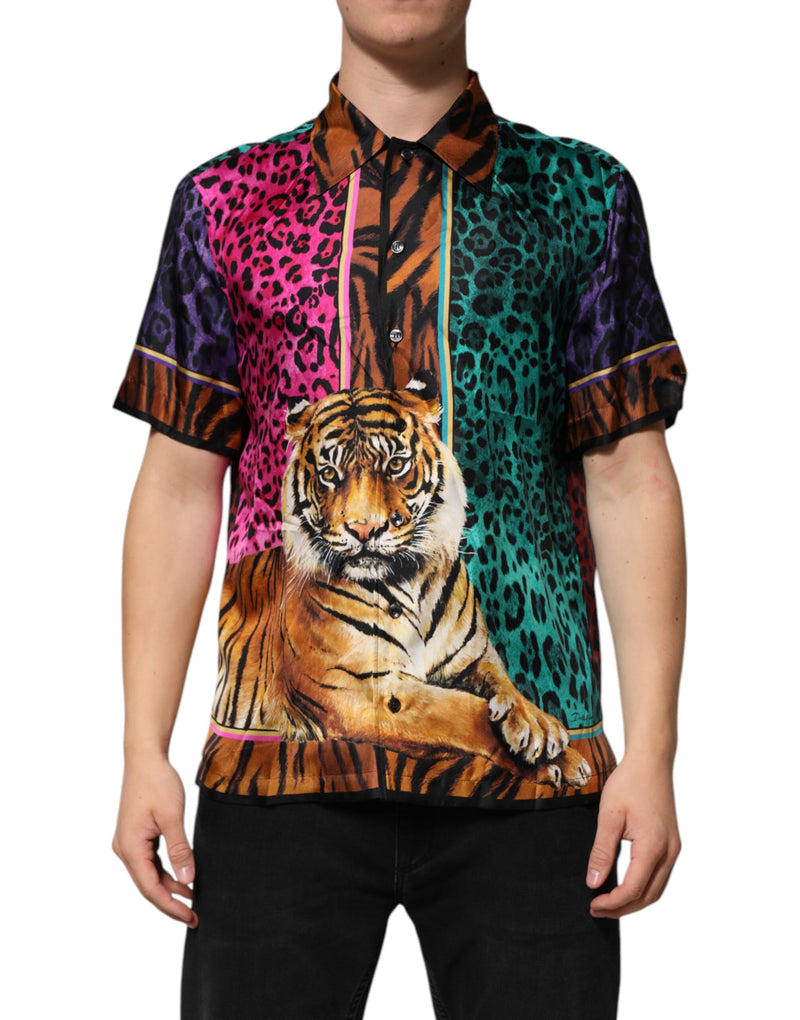 Multicolor Silk Tiger Print Hawaiian T-shirt-Dolce & Gabbana-LabelTerrace.com