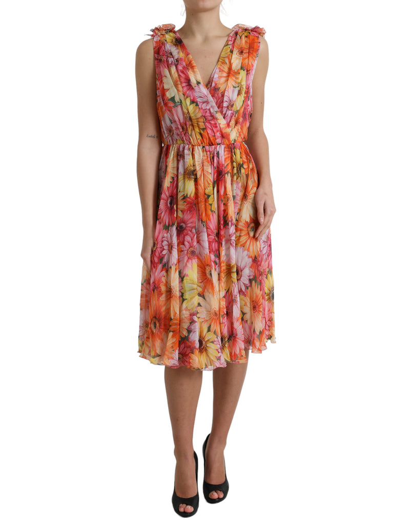 Multicolor Sunflower Print Silk Midi Dress-Dolce & Gabbana-LabelTerrace.com