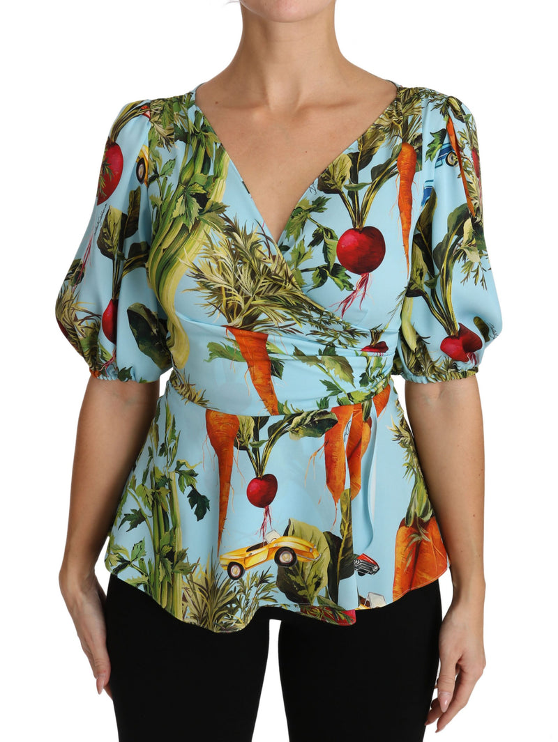 Multicolor Vegetable Print Silk Top Peplum Wrap Blouse-Dolce & Gabbana-LabelTerrace.com