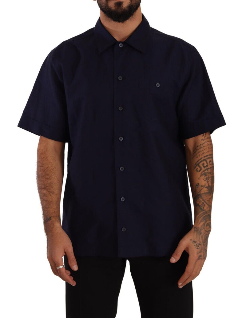 Navy Blue Button Down Short Sleeves Shirt-Dolce & Gabbana-LabelTerrace.com