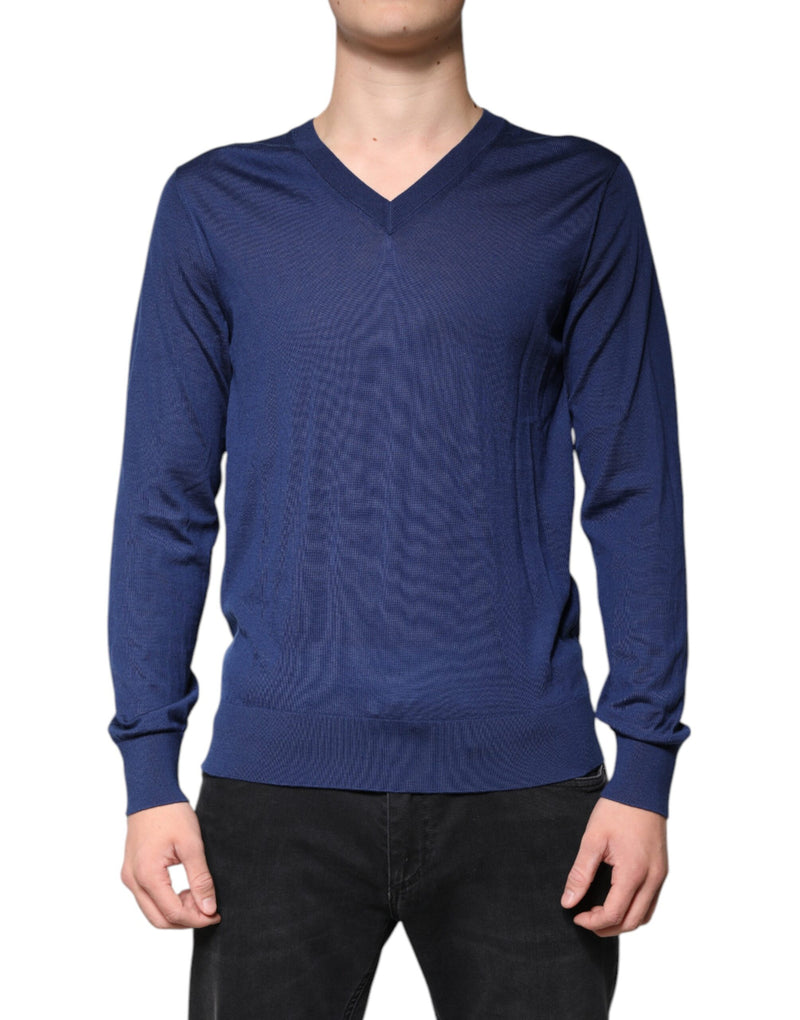 Navy Blue Cashmere V-neck Pullover Sweater-Dolce & Gabbana-LabelTerrace.com