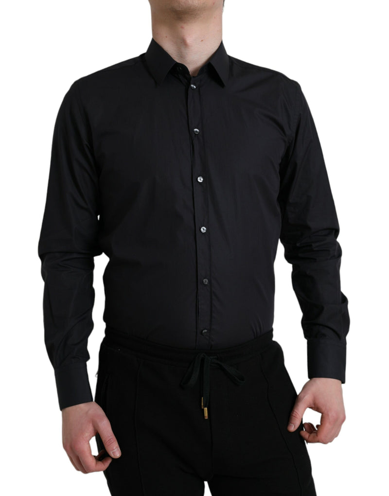Navy Blue Cotton Collared Formal Dress Shirt-Dolce & Gabbana-LabelTerrace.com