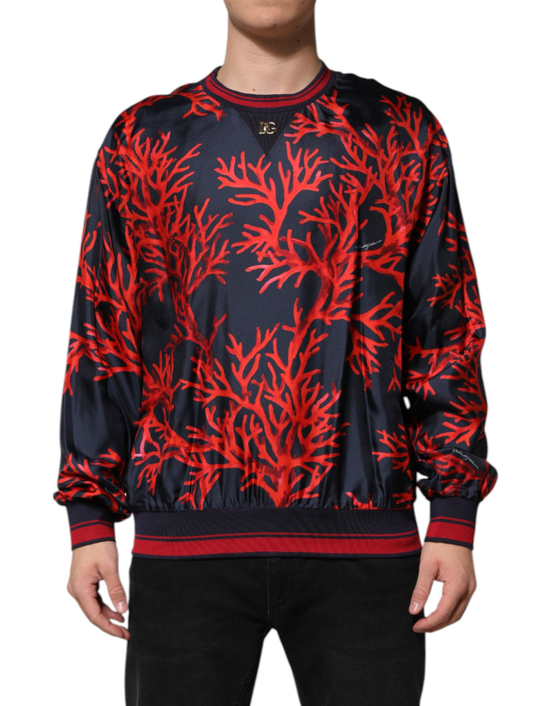 Navy Red Silk Coral Print Pullover Sweater-Dolce & Gabbana-LabelTerrace.com