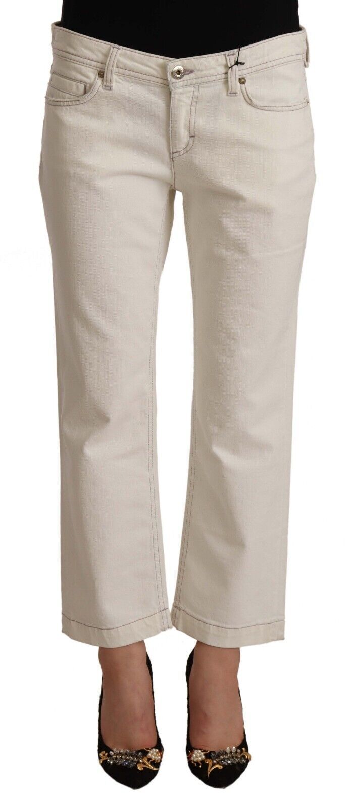 Off White Cotton Flared Cropped Denim Jeans-Dolce & Gabbana-LabelTerrace.com