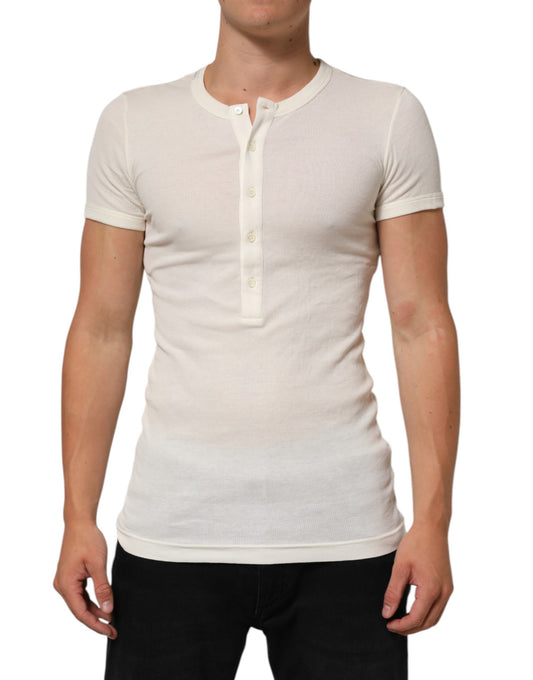 Off White Cotton Short Sleeve Henley T-shirt