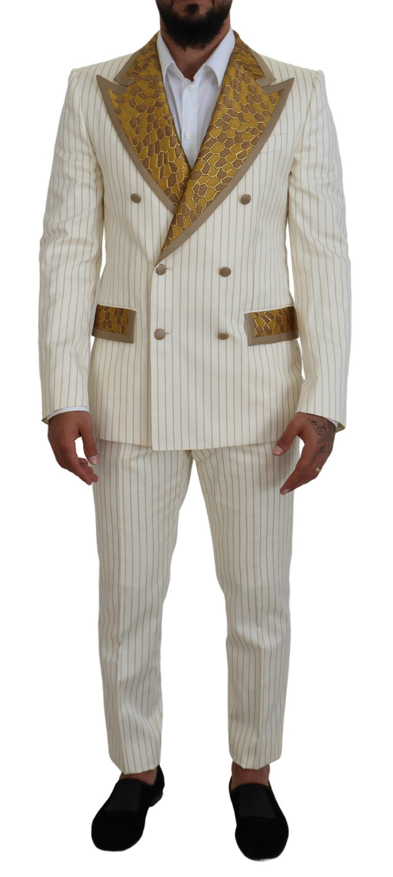 Off White Gold Striped Tuxedo Slim Fit Suit-Dolce & Gabbana-LabelTerrace.com