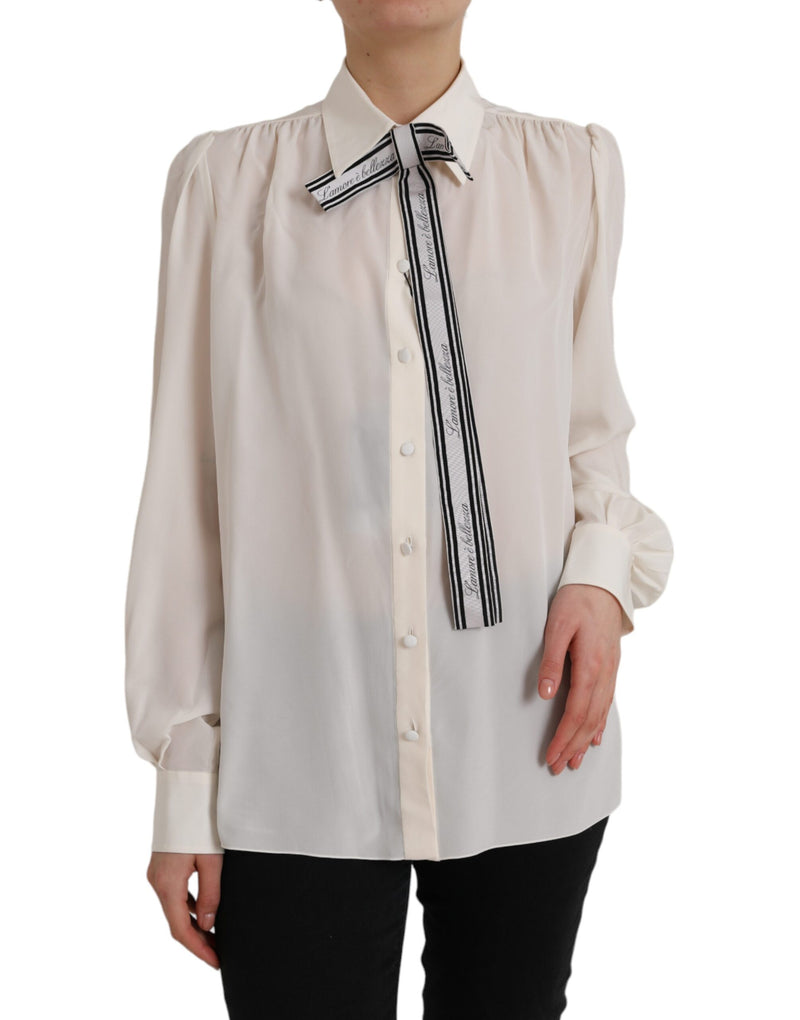 Off White Long Sleeve Button Down Blouse Top-Dolce & Gabbana-LabelTerrace.com