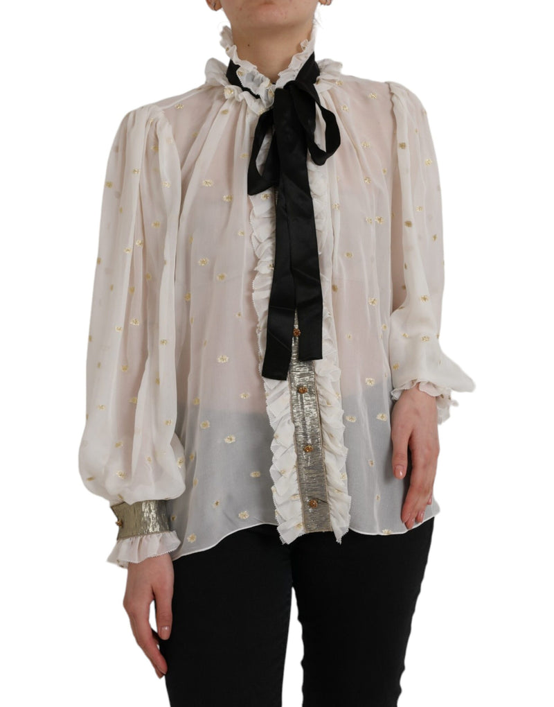 Off White Silk Blend Ascot Collar Blouse Top-Dolce & Gabbana-LabelTerrace.com