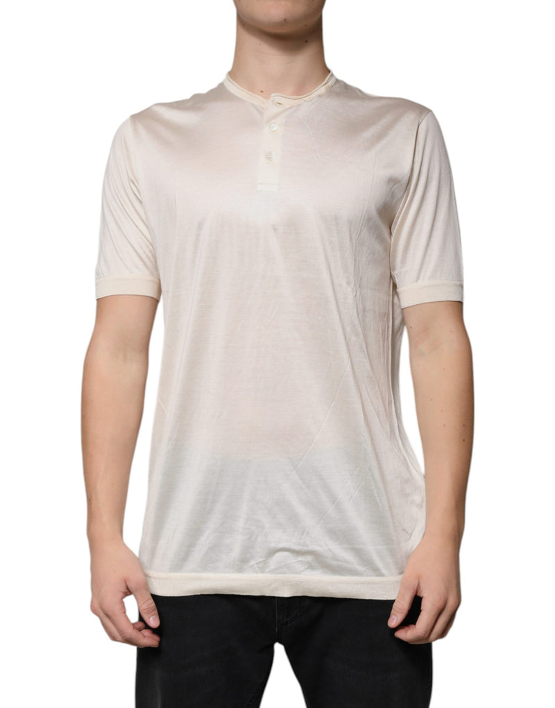 Off White Silk Henley Short Sleeves T-Shirt-Dolce & Gabbana-LabelTerrace.com