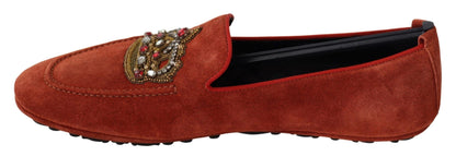 Orange Leather Crystal Crown Loafers Shoes