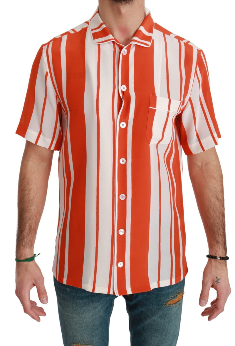Orange Silk Striped Short Sleeve White Shirt-Dolce & Gabbana-LabelTerrace.com