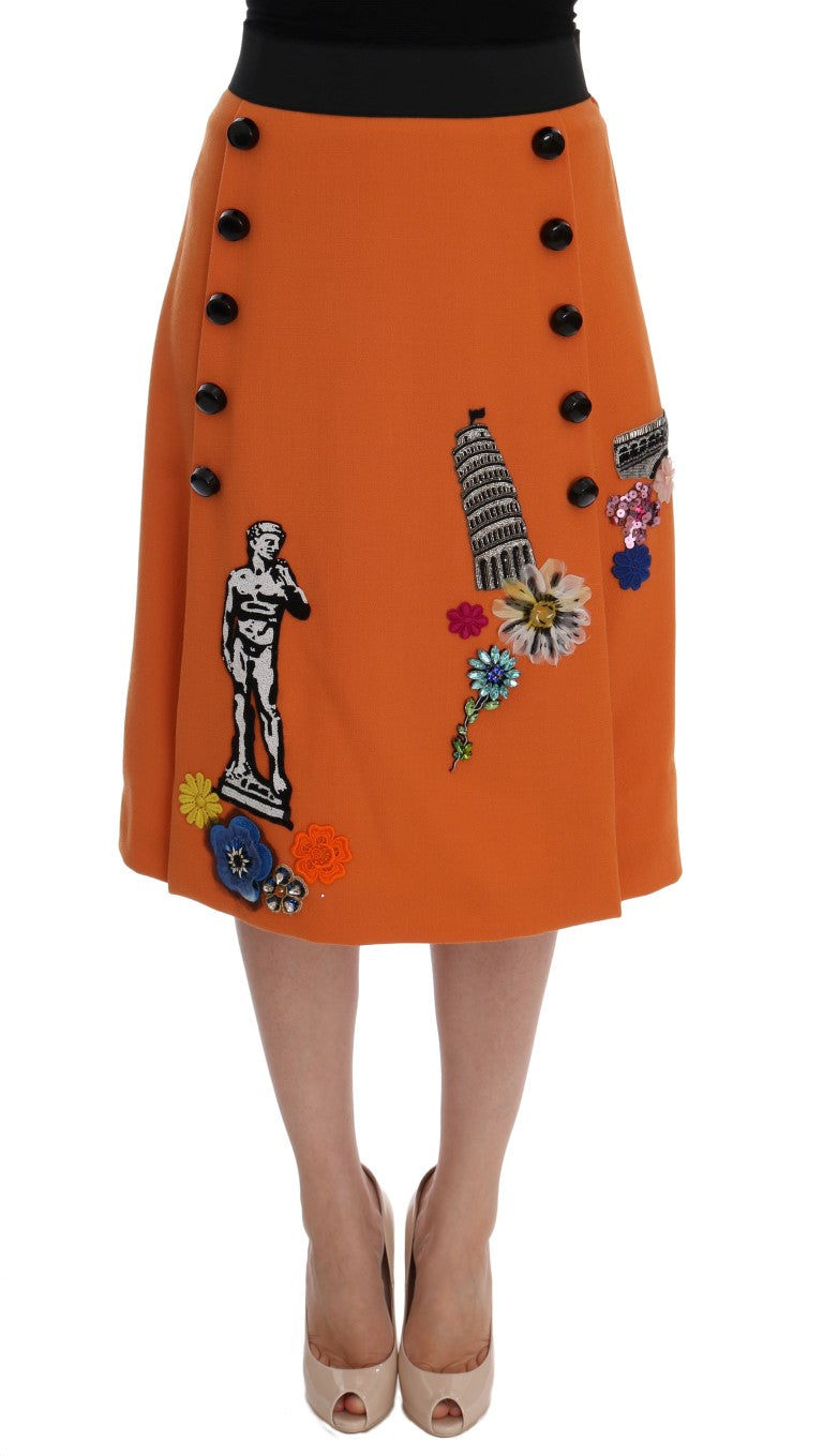 Orange Wool Crystal Sequin Appliques Skirt-Dolce & Gabbana-LabelTerrace.com