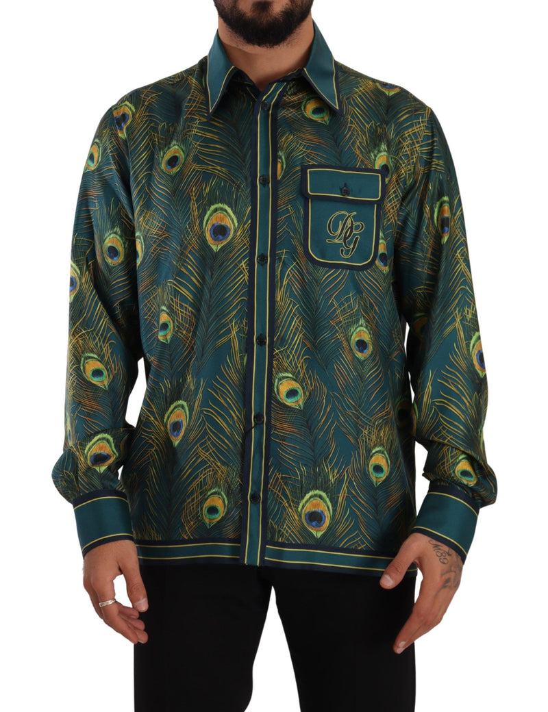 Peacock Feather Print Silk Pajama Mens Shirt-Dolce & Gabbana-LabelTerrace.com