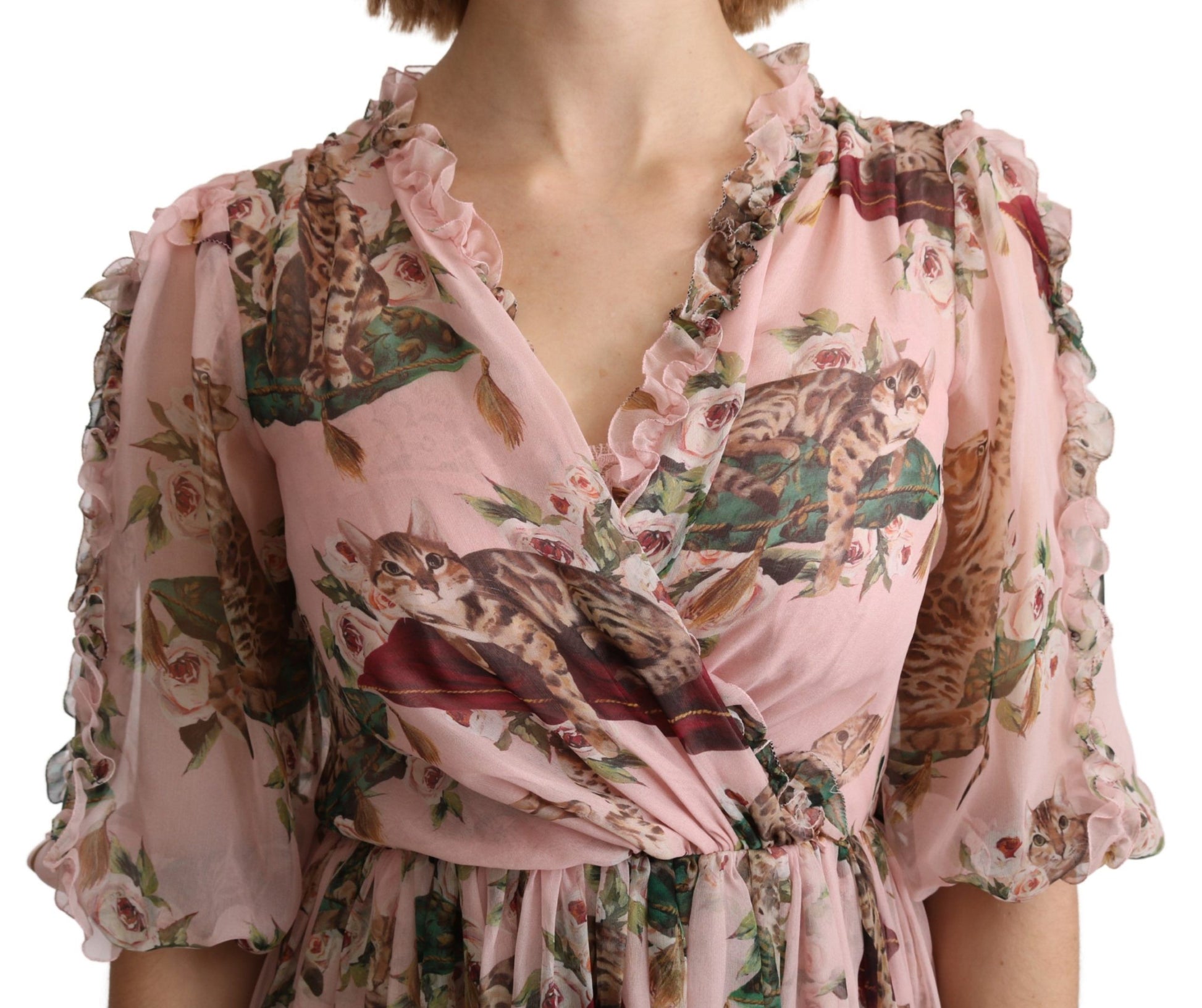 Pink Bengal Cat Print A-line Maxi Silk Dress
