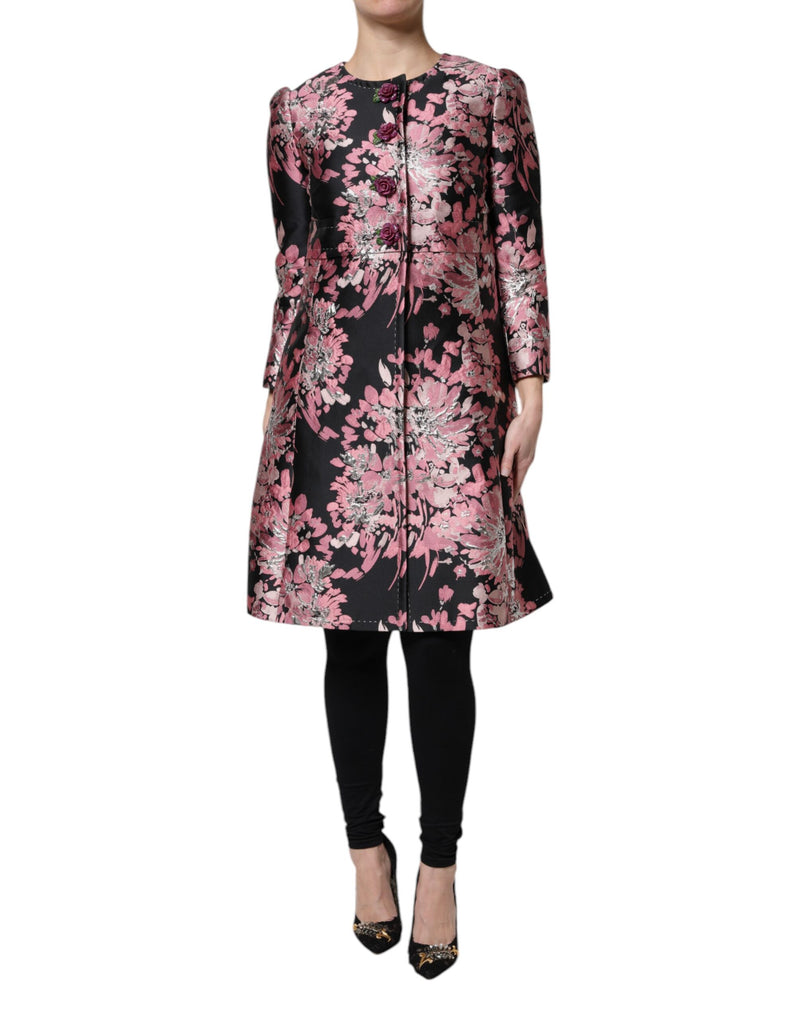 Pink Black Floral Brocade Trenchcoat Jacket-Dolce & Gabbana-LabelTerrace.com