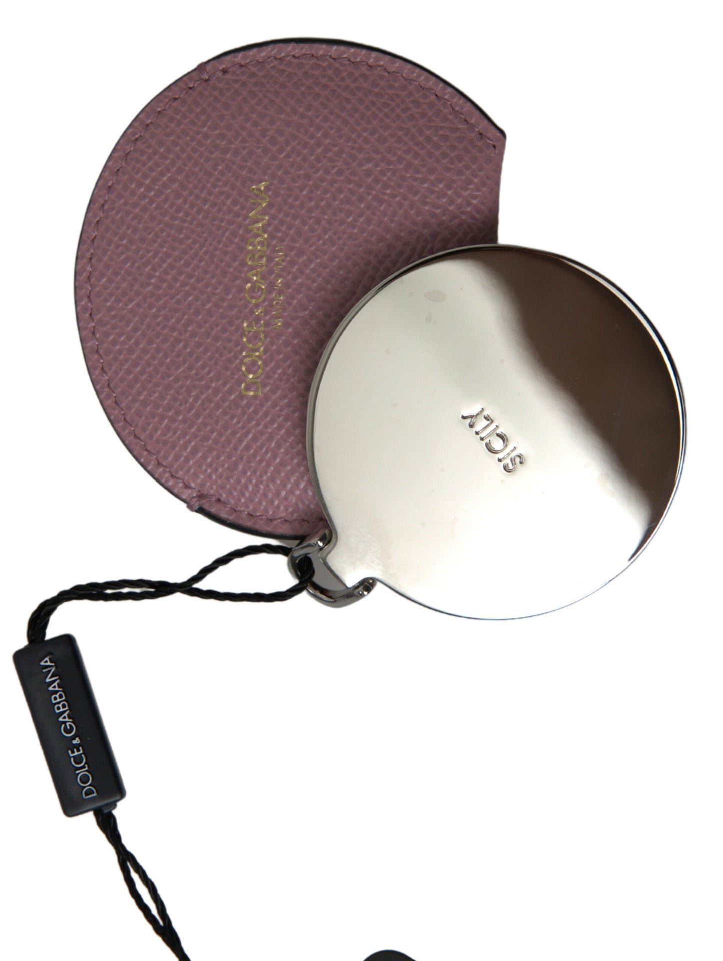 Pink Calfskin Leather Round Logo Print Hand Mirror Holder-Dolce & Gabbana-LabelTerrace.com