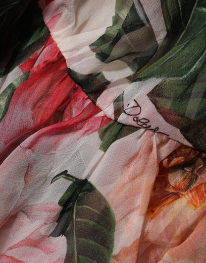 Pink Camellias Printed Silk V-neck Blouse Top