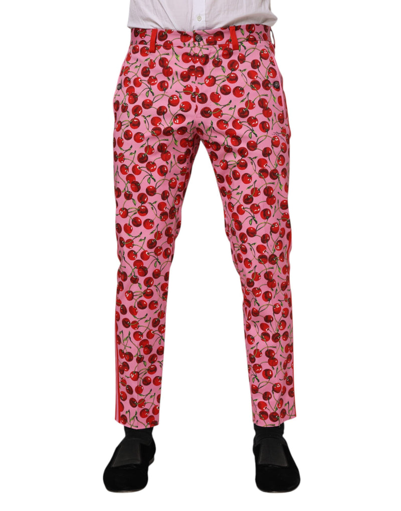 Pink Cherry Print Cotton Dress Pants-Dolce & Gabbana-LabelTerrace.com