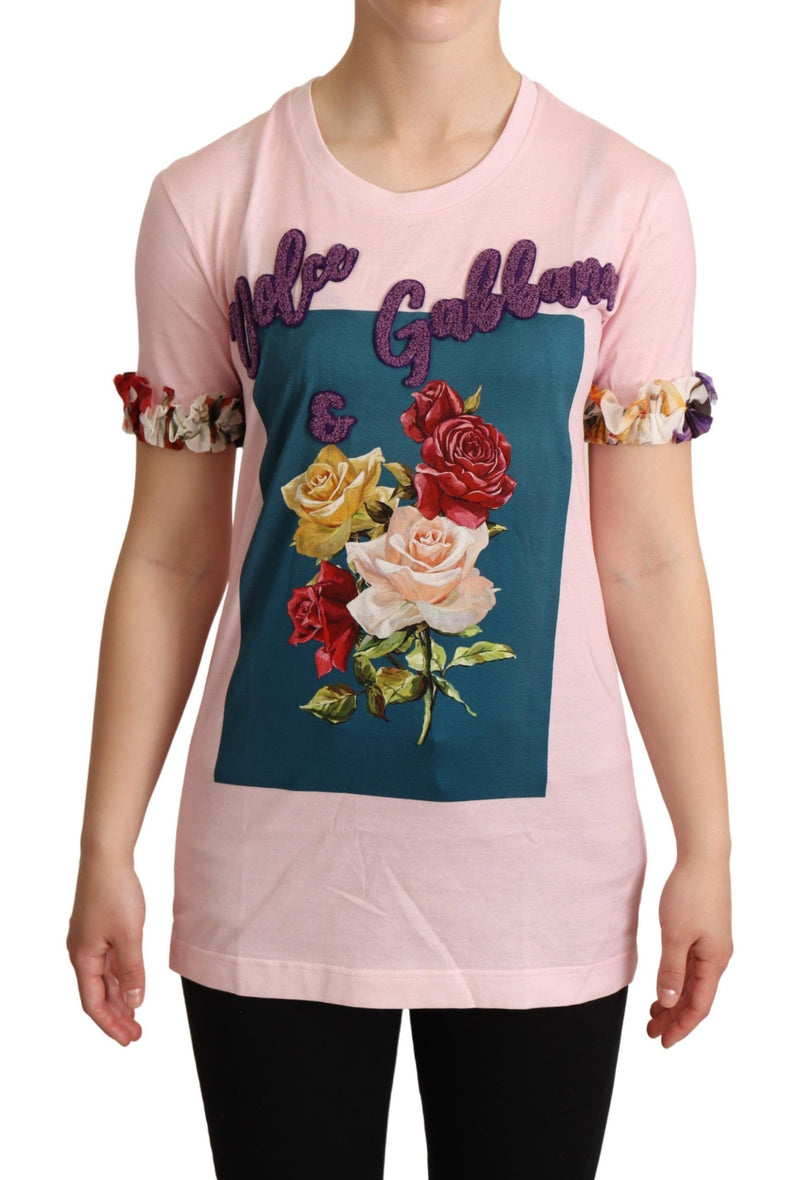 Pink Cotton Floral Roses Crewneck T-shirt-Dolce & Gabbana-LabelTerrace.com