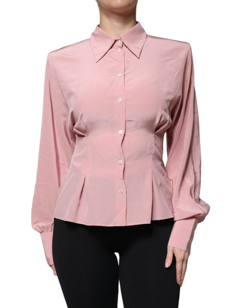 Pink Cotton Long Sleeves Collared Blouse Top-Dolce & Gabbana-LabelTerrace.com