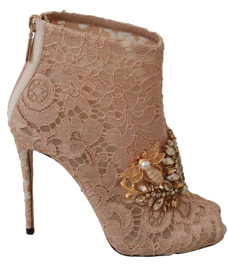 Pink Crystal Lace Booties Stilettos Shoes-Dolce & Gabbana-LabelTerrace.com