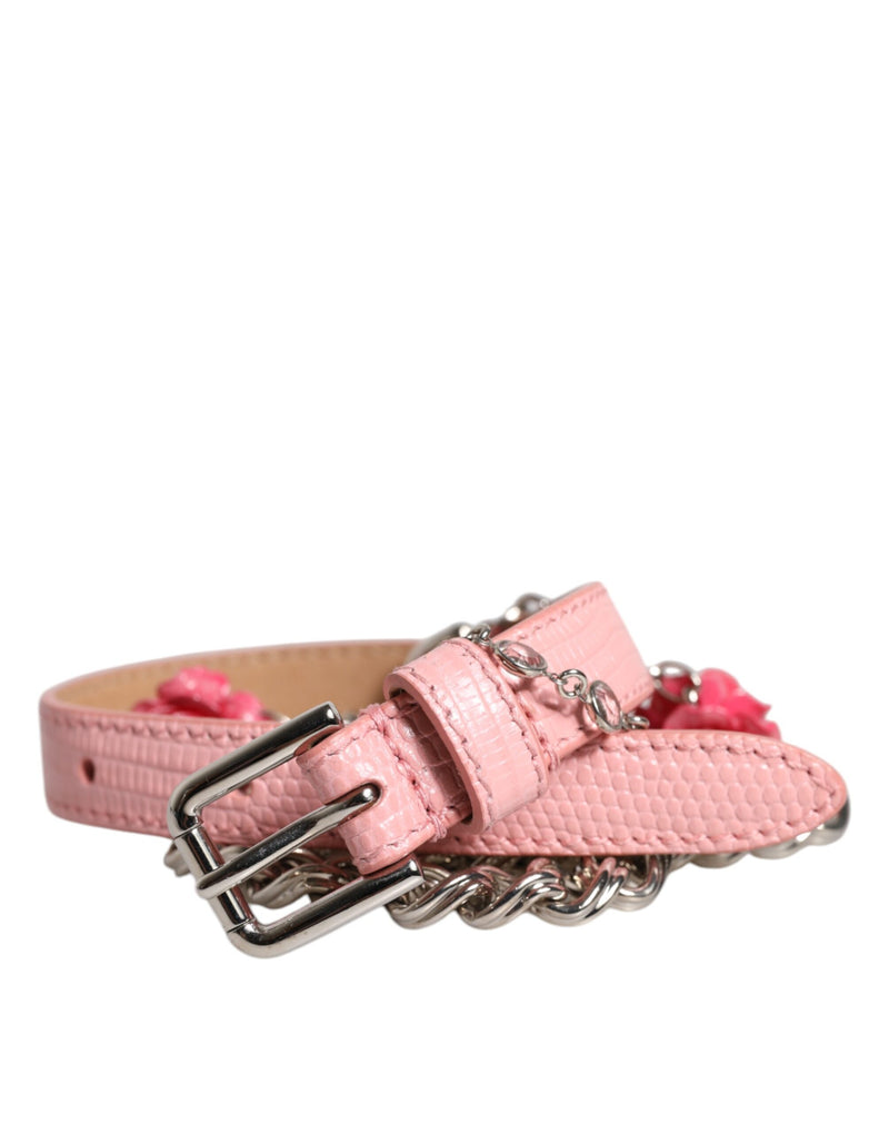 Pink Embelished Roses Textured Leather Belt-Dolce & Gabbana-LabelTerrace.com
