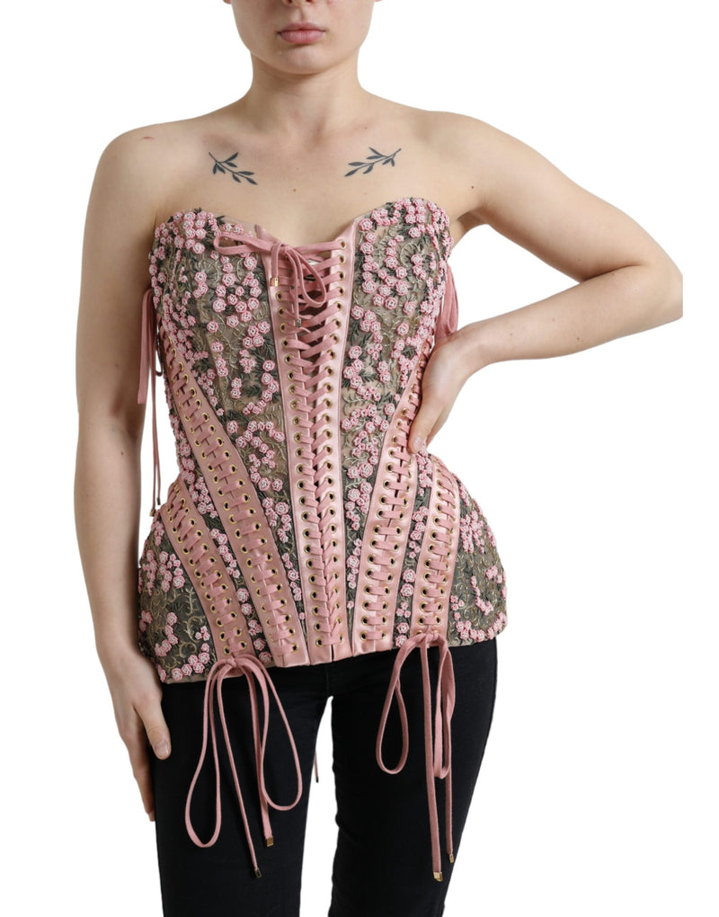 Pink Floral Applique Bustier Corset Top-Dolce & Gabbana-LabelTerrace.com