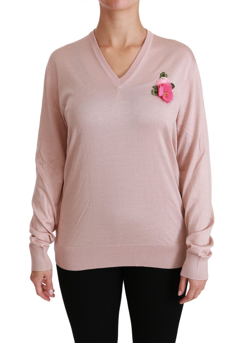 Pink Floral Embellished Pullover Silk Sweater-Dolce & Gabbana-LabelTerrace.com