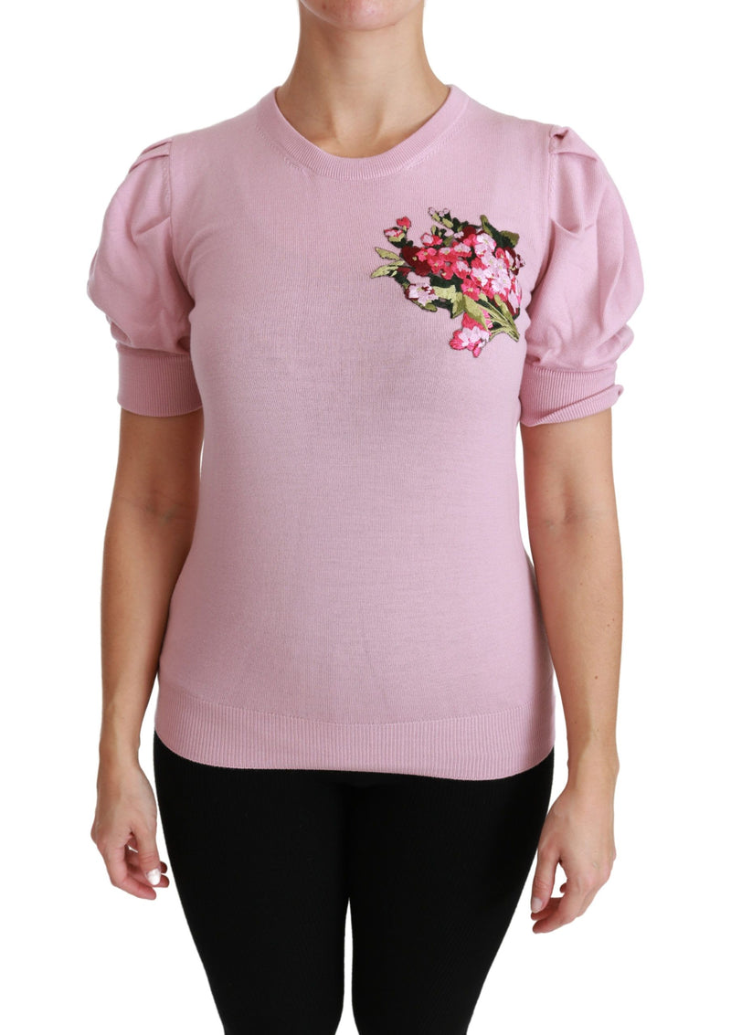Pink Floral Embroidered Blouse Wool Top-Dolce & Gabbana-LabelTerrace.com