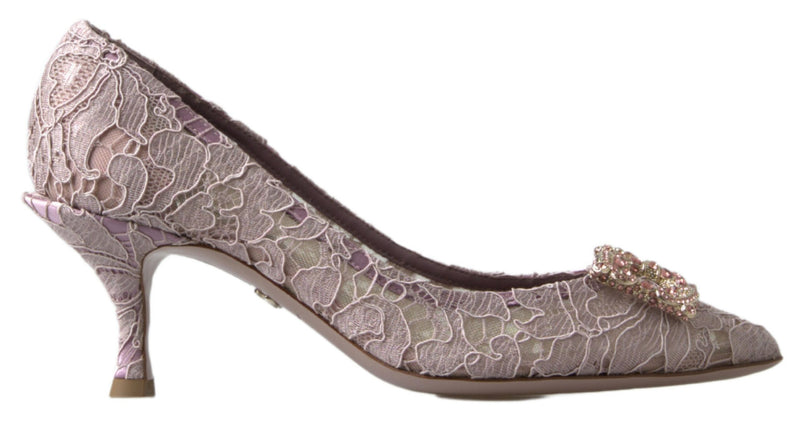 Pink Floral Lace DG Crystal Pumps Shoes-Dolce & Gabbana-LabelTerrace.com