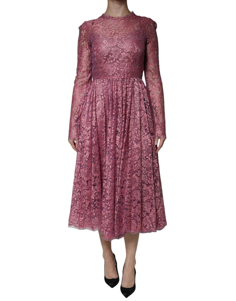 Pink Floral Lace Long Sleeve Midi Dress