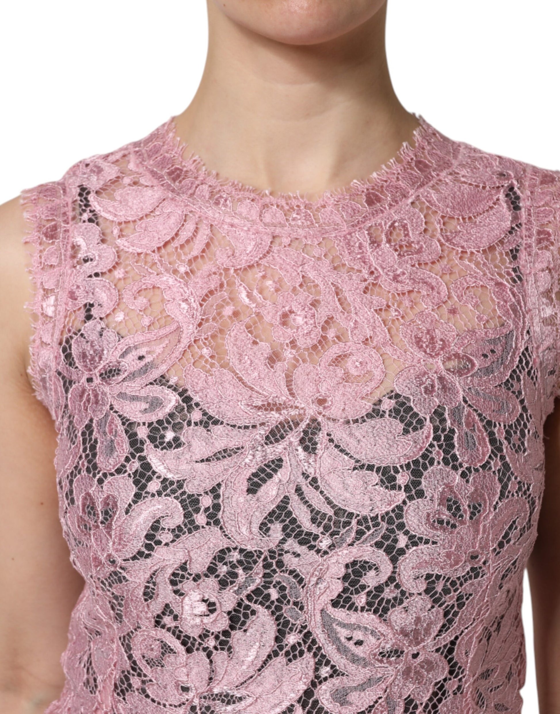 Pink Floral Lace Sleeveless Sheath Dress-Dolce & Gabbana-LabelTerrace.com
