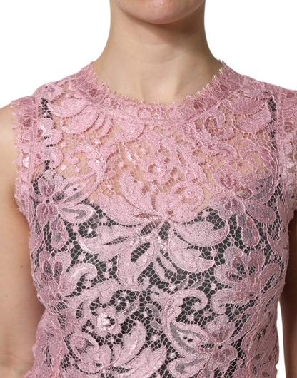 Pink Floral Lace Sleeveless Sheath Dress-Dolce & Gabbana-LabelTerrace.com