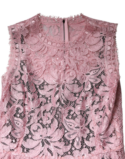 Pink Floral Lace Sleeveless Sheath Dress-Dolce & Gabbana-LabelTerrace.com