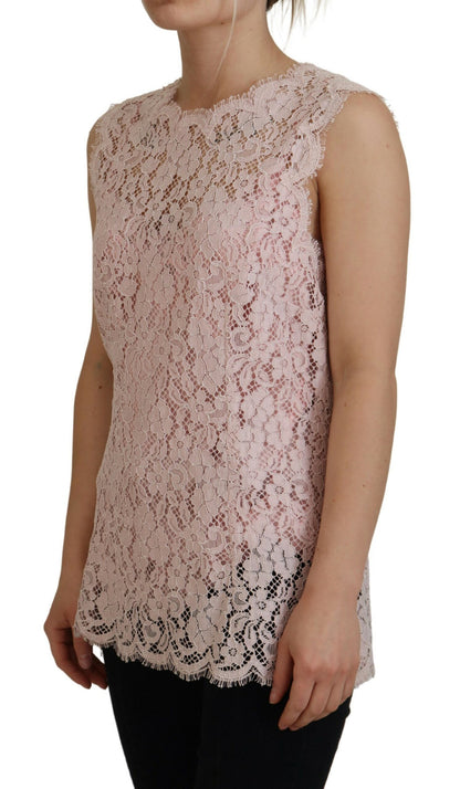 Pink Floral Lace Sleeveless Tank Blouse Top-Dolce & Gabbana-LabelTerrace.com