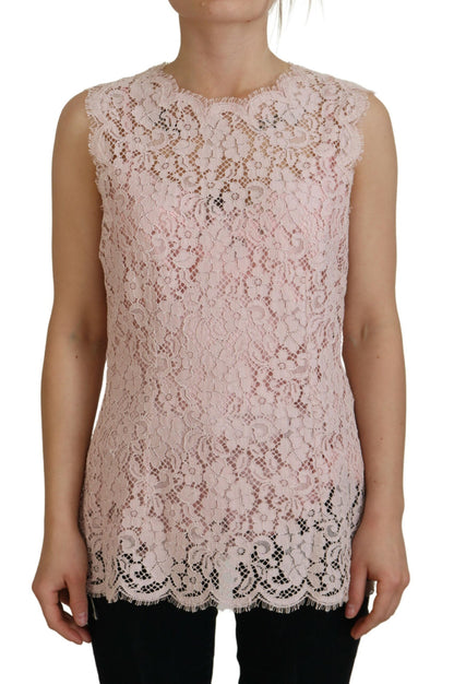 Pink Floral Lace Sleeveless Tank Blouse Top-Dolce & Gabbana-LabelTerrace.com