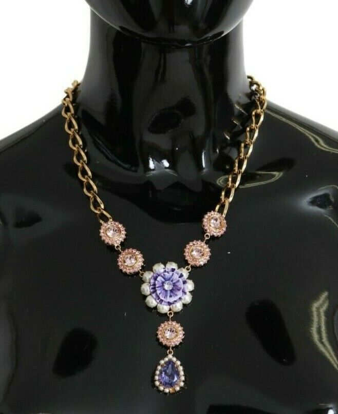 Pink Gold Brass Crystal Purple Pearl Pendants-Dolce & Gabbana-LabelTerrace.com