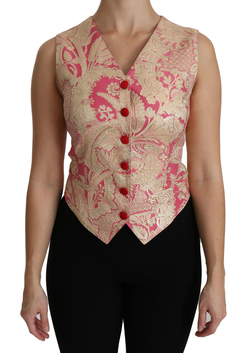 Pink Gold Brocade Waistcoat Vest Blouse Top-Dolce & Gabbana-LabelTerrace.com