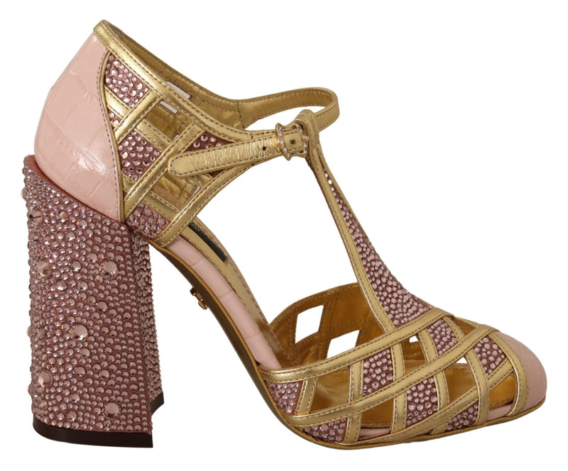 Pink Gold Leather Crystal Pumps T-strap Shoes-Dolce & Gabbana-LabelTerrace.com
