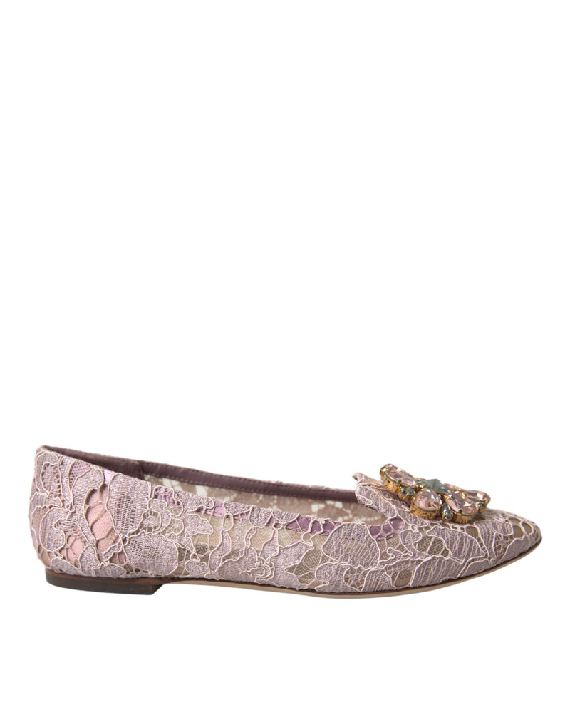 Pink Lace Crystal Ballet Flats Loafers Shoes-Dolce & Gabbana-LabelTerrace.com