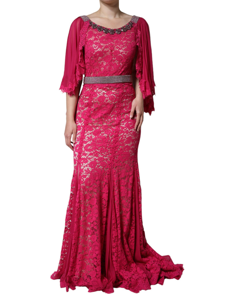 Pink Lace Crystal Sheath Long Gown Dress-Dolce & Gabbana-LabelTerrace.com