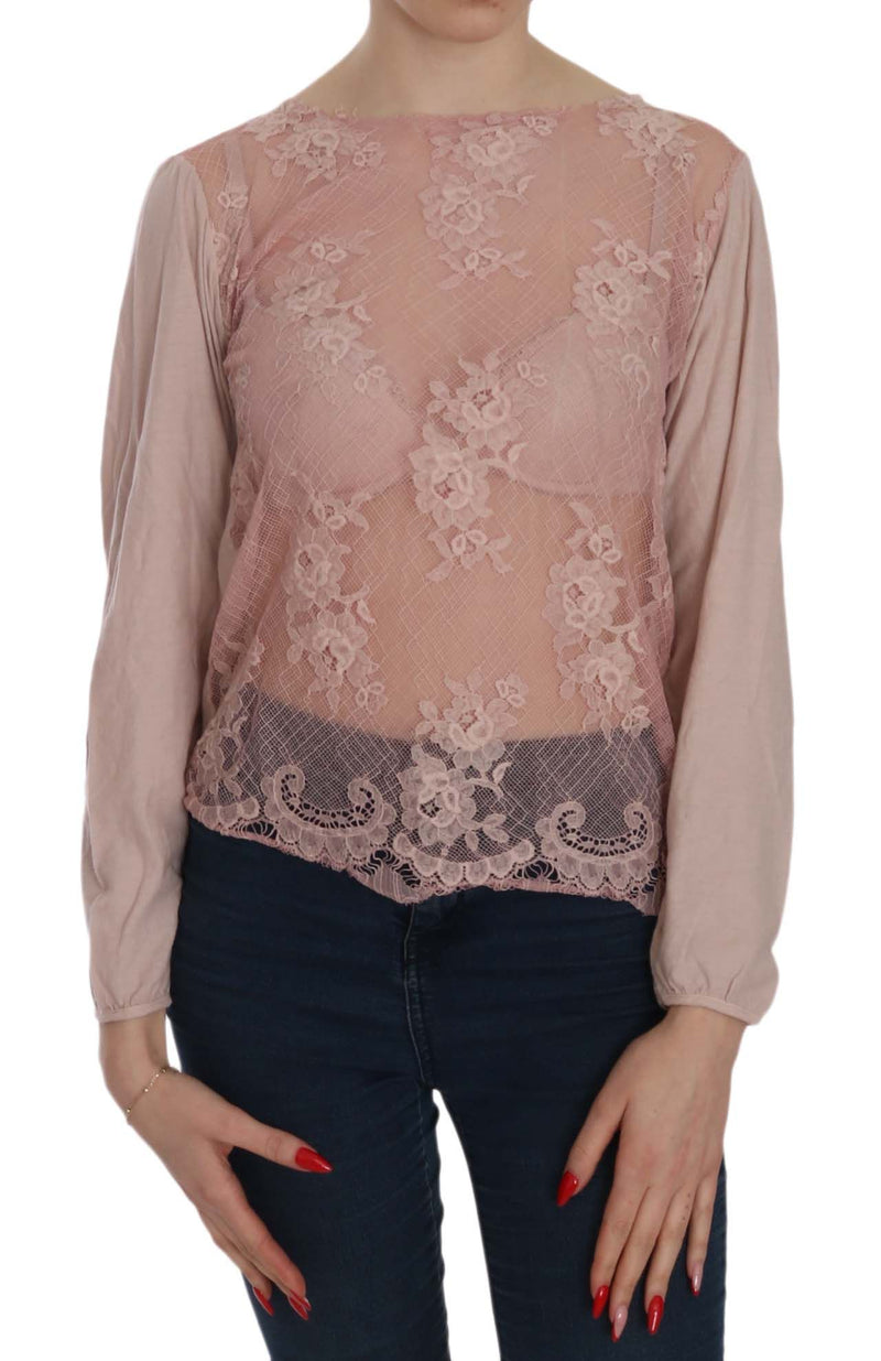 Pink Lace See Through Long Sleeve Blouse-PINK MEMORIES-LabelTerrace.com
